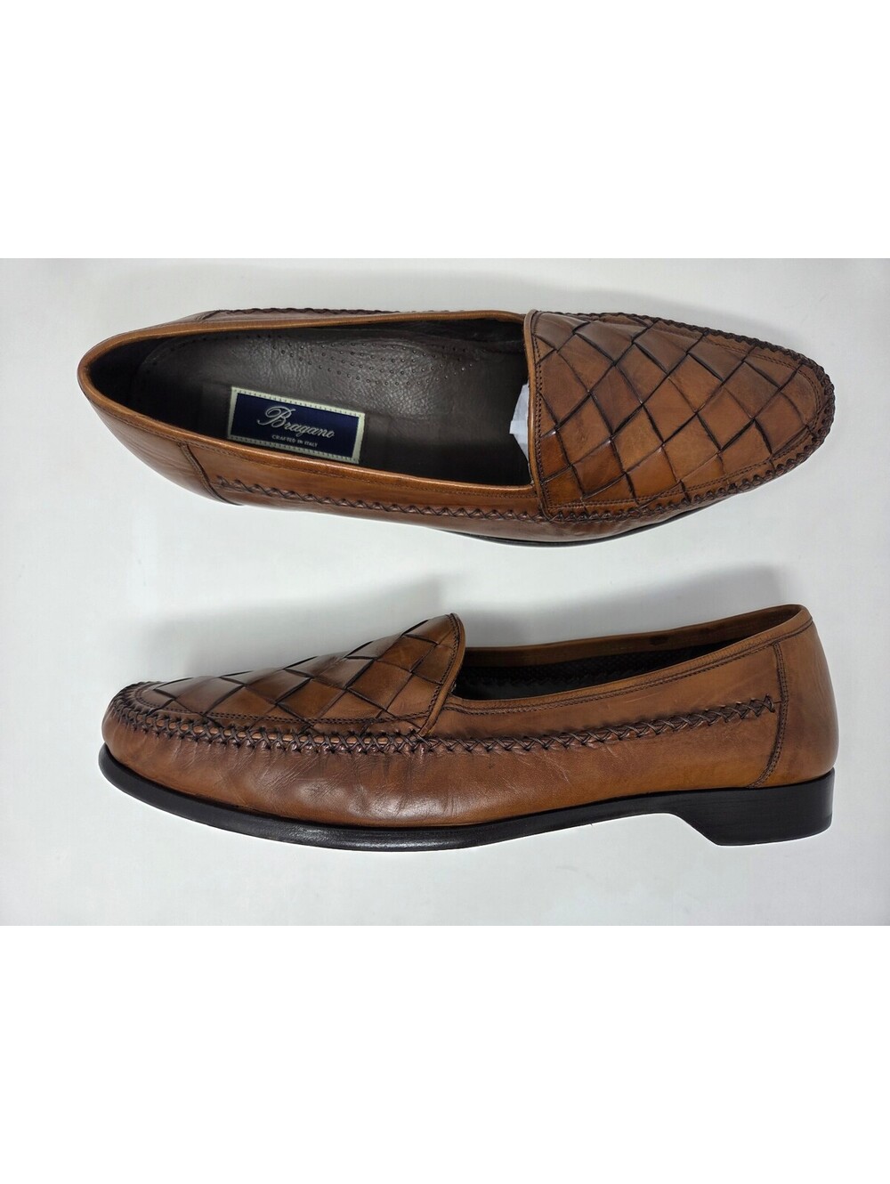 Bragano Men's Brown Leather Woven Moc Toe Loafers Size 15 M